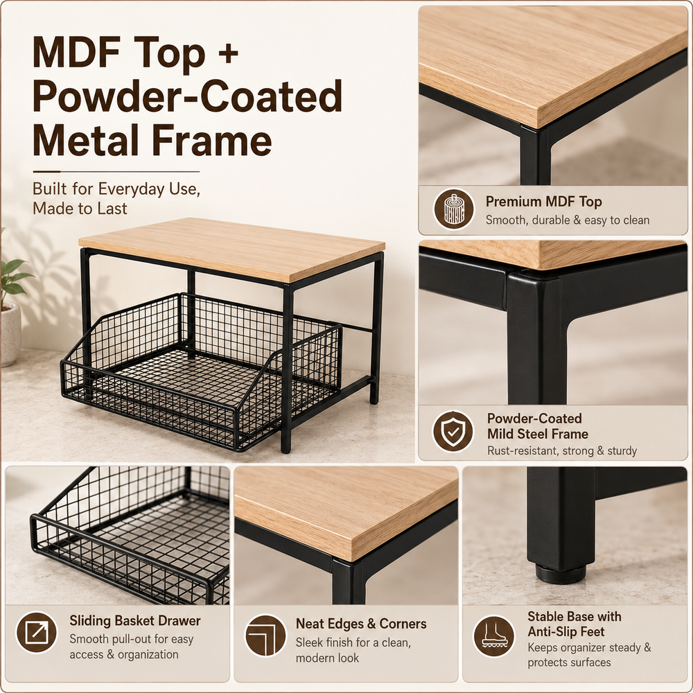 2-Tier Wooden Countertop Organizer with Sliding Mesh Basket