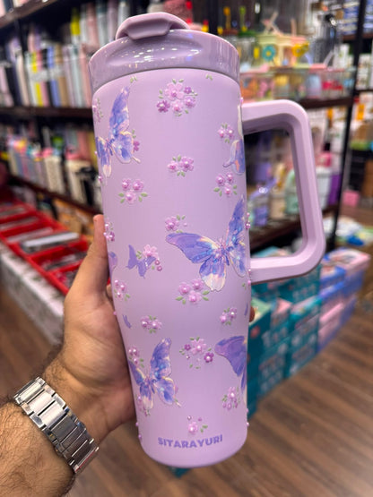 Sitarayuri™ Premium Lavender Butterfly Stainless Steel Travel Tumbler with Handle & Bow Straw