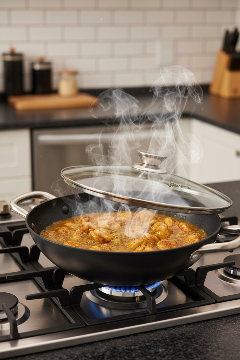 DannyHOME Premium Lightweight Cast-Iron Wok Casserole with Glass Lid
