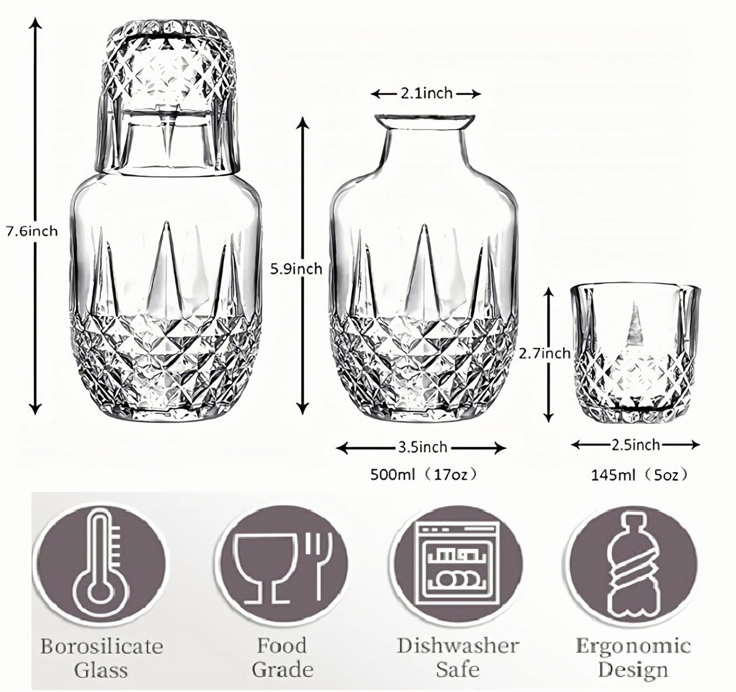 Danny Home Luxe Glass Water Carafe Set with Tumbler Lid – 600ml