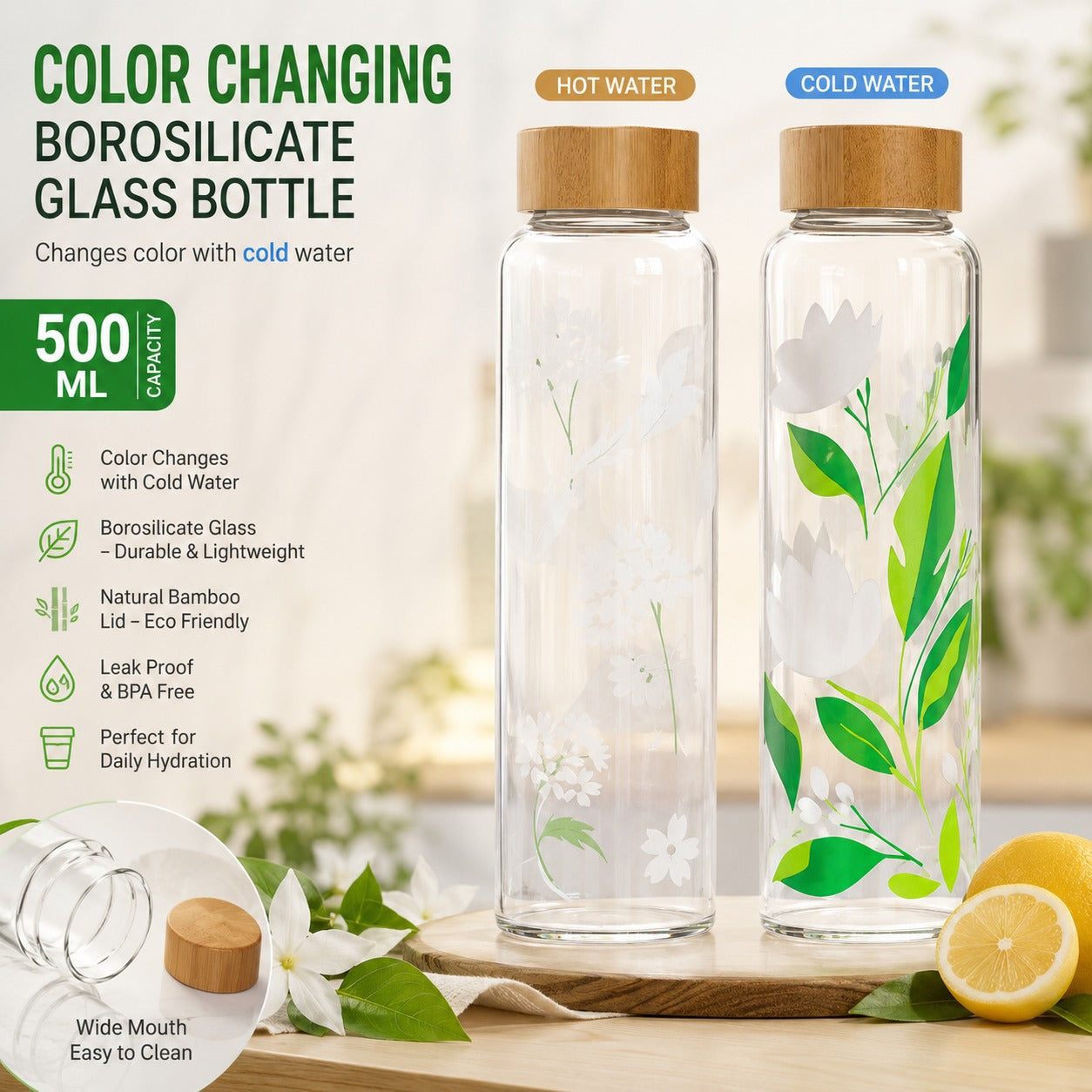 Borosilicate Glass Bottle with Bamboo Lid – 500ml