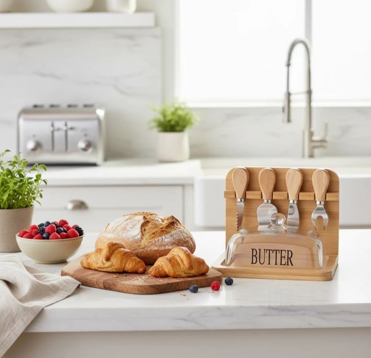 Bamboo Butter & Cheese Board Set with Glass Dome - My Store