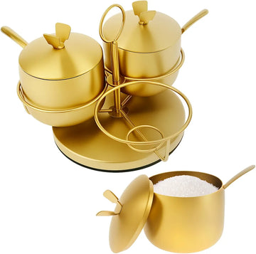 3 Pcs 304 Stainless Steel Sugar Container with Lid and Spoon, Gold Sugar Bowl Rotating Salt Jar Seasoning Can for Salt Spice Pepper