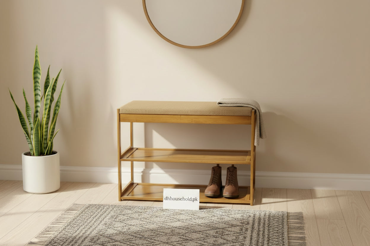 Modern Wooden Shoe Rack Bench with Cushion Seat (3-Tier) - My Store