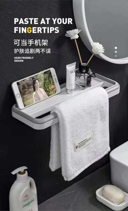 Multi-Function Wall-Mounted Organizer with Towel Bar & Drawer | No-Drill Storage Shelf