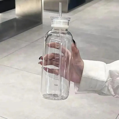 Borosilicate Glass Water Bottle with Dual Lids & Time Markers