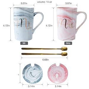 2-Piece Mr. & Mrs. Marble Ceramic Coffee Mug Set with Lids & Gold Spoons
