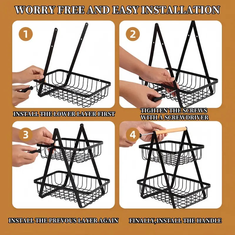 2-Tier Metal Fruit Basket with Wooden Handle - My Store