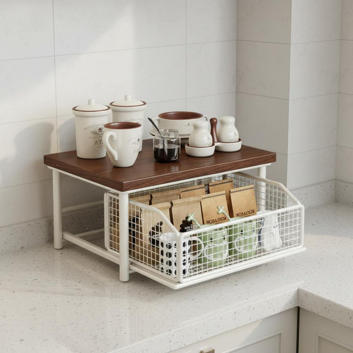 2-Tier Wooden Countertop Organizer with Sliding Mesh Basket