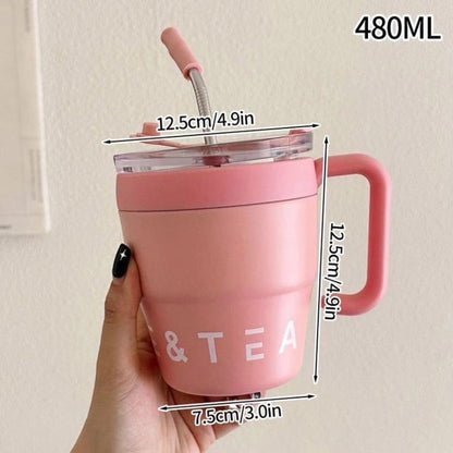 Korean Insulated Stainless Steel Coffe Mug With Straw, 460ml