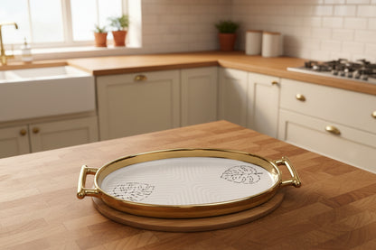 Ceramic Monstera Leaf Serving Platter with Wooden Base