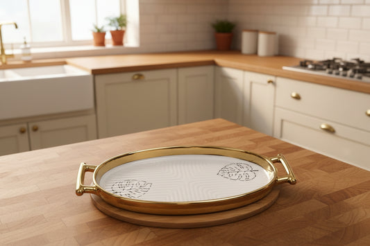 Ceramic Monstera Leaf Serving Platter with Wooden Base