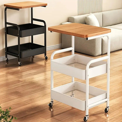 3-Tier Rolling Utility Cart with MDF Wooden Top & Mesh Storage Baskets