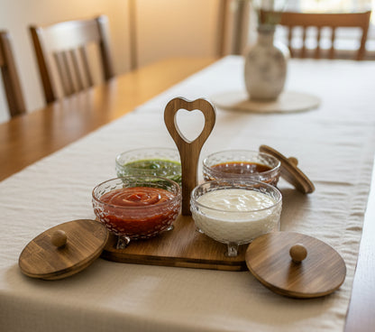 Crystal Glass Condiment Jar Set with Wooden Heart Caddy (4-Piece)