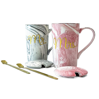 2-Piece Mr. & Mrs. Marble Ceramic Coffee Mug Set with Lids & Gold Spoons