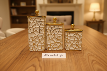 3-Piece Geometric Airtight Storage Jar Set (Luxury White & Gold) - My Store