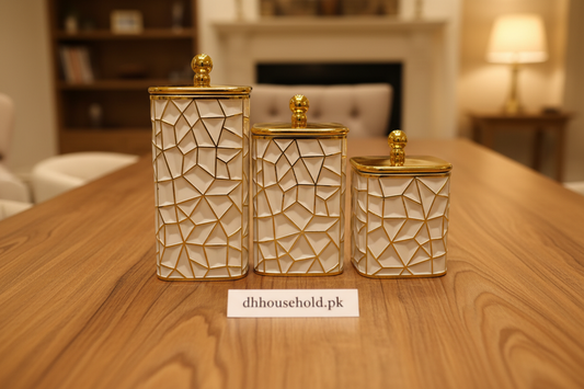 3-Piece Geometric Airtight Storage Jar Set (Luxury White & Gold) - My Store