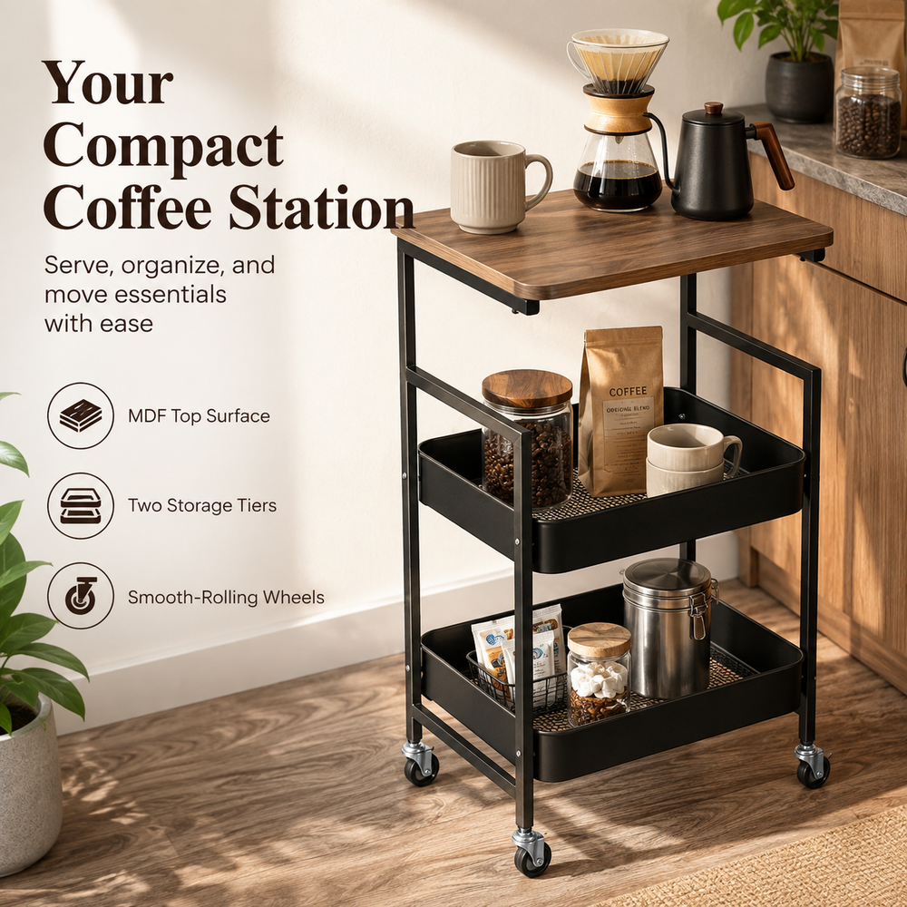 3-Tier Rolling Utility Cart with MDF Wooden Top & Mesh Storage Baskets