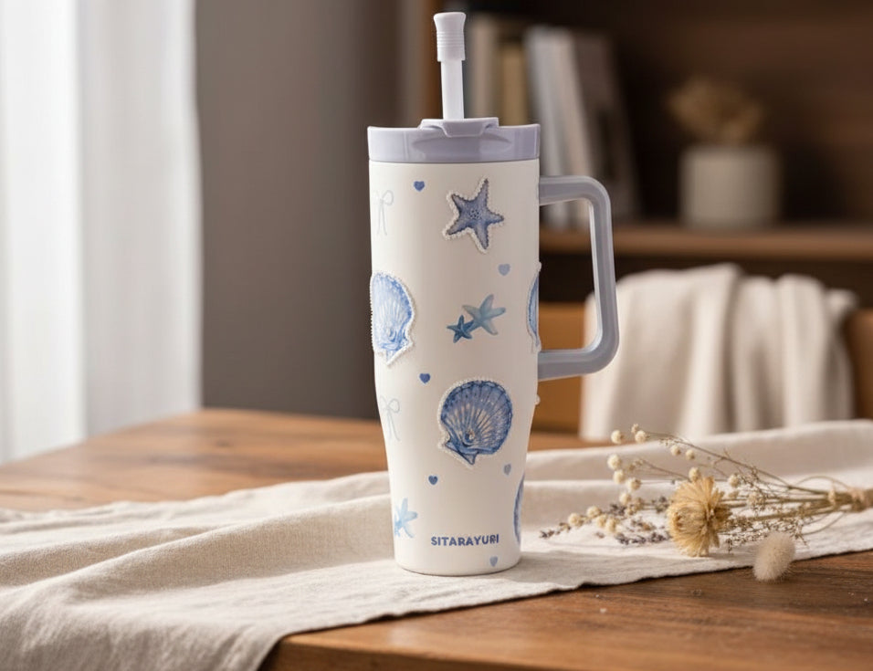 SITARAYURI 3D Ocean Shell Pearl Straw Tumbler