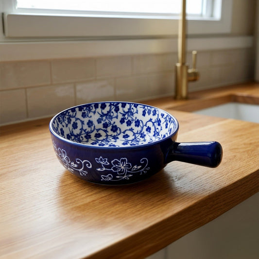Handcrafted 6-Inch Classic Blue & White Floral Ceramic Handled Bowl