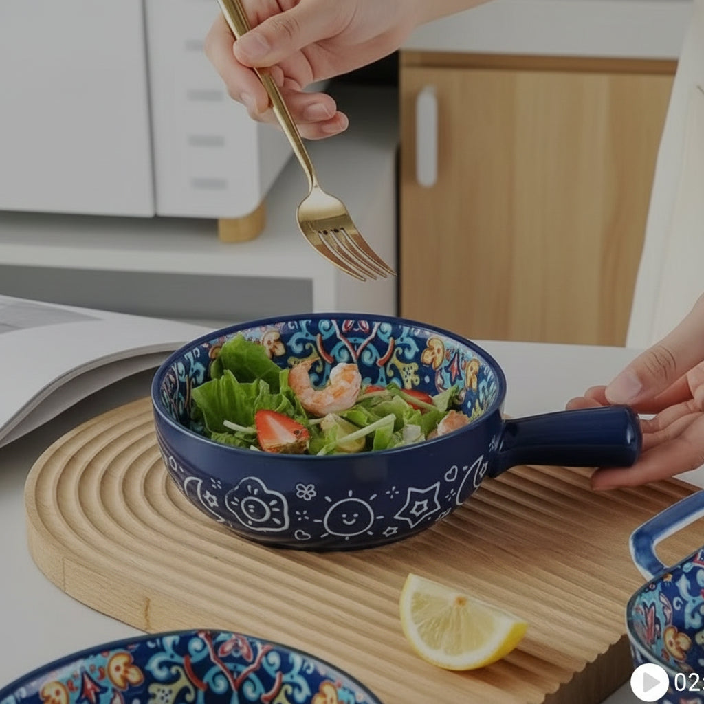 Handcrafted 6-Inch Bohemian Ceramic Handled Soup & Salad Bowl