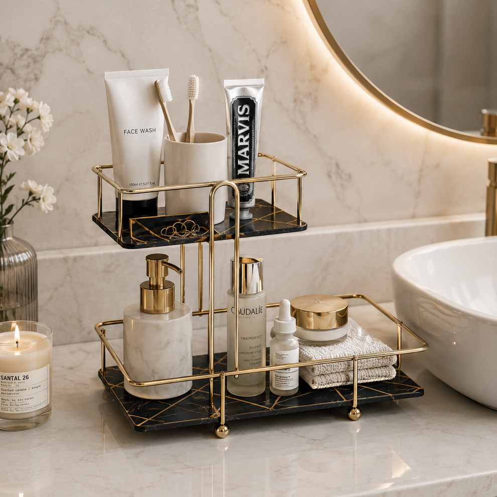 2-Tier Modern Marble Pattern Countertop Organizer Tray – Gold Frame