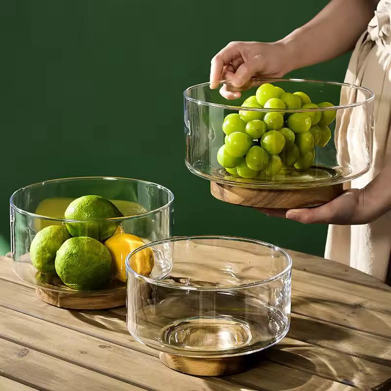 Modern Glass Fruit Bowl with Premium Wooden Base - My Store