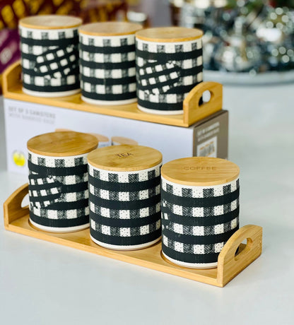 Gingham Checkered Ceramic Canister Set with Bamboo Lid & Tray – Set of 3