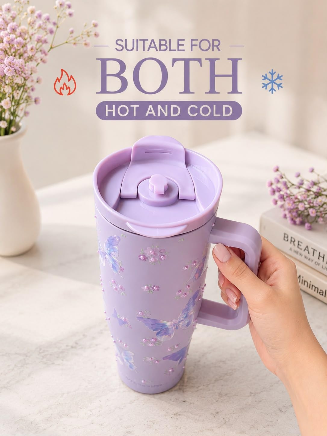 Sitarayuri™ Premium Lavender Butterfly Stainless Steel Travel Tumbler with Handle & Bow Straw