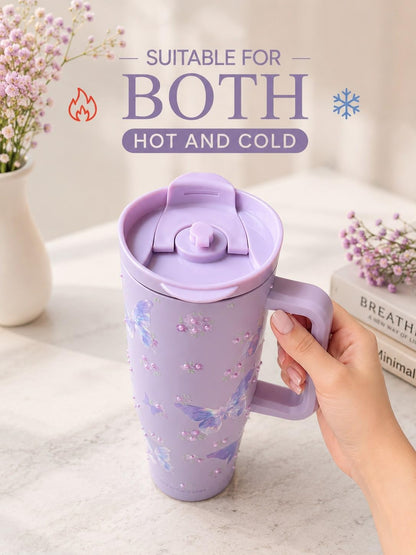 Sitarayuri™ Premium Lavender Butterfly Stainless Steel Travel Tumbler with Handle & Bow Straw