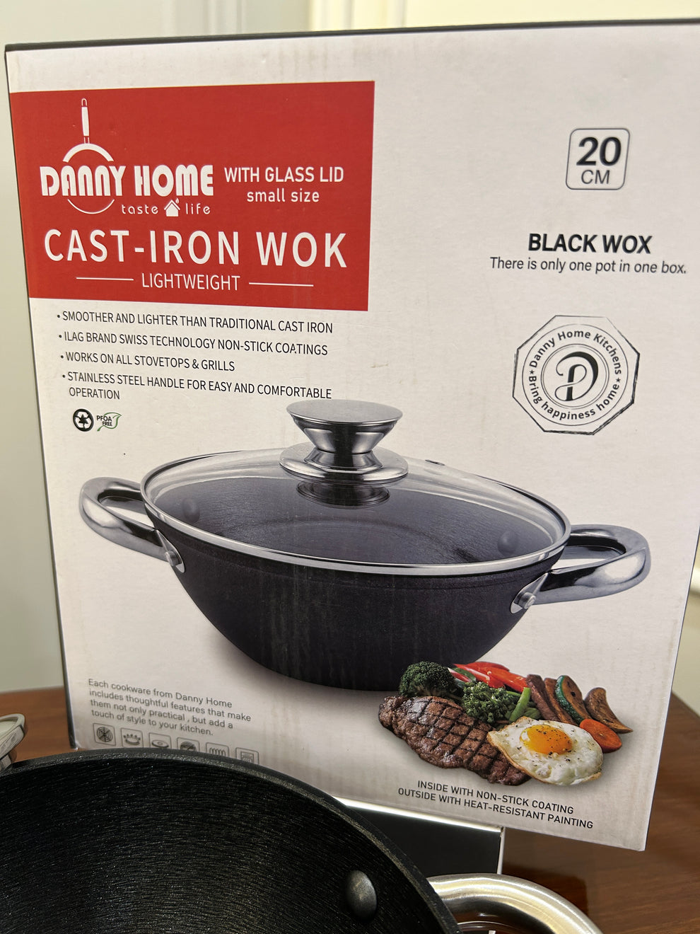 DannyHOME Premium Lightweight Cast-Iron Wok Casserole with Glass Lid