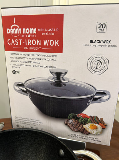 DannyHOME Premium Lightweight Cast-Iron Wok Casserole with Glass Lid