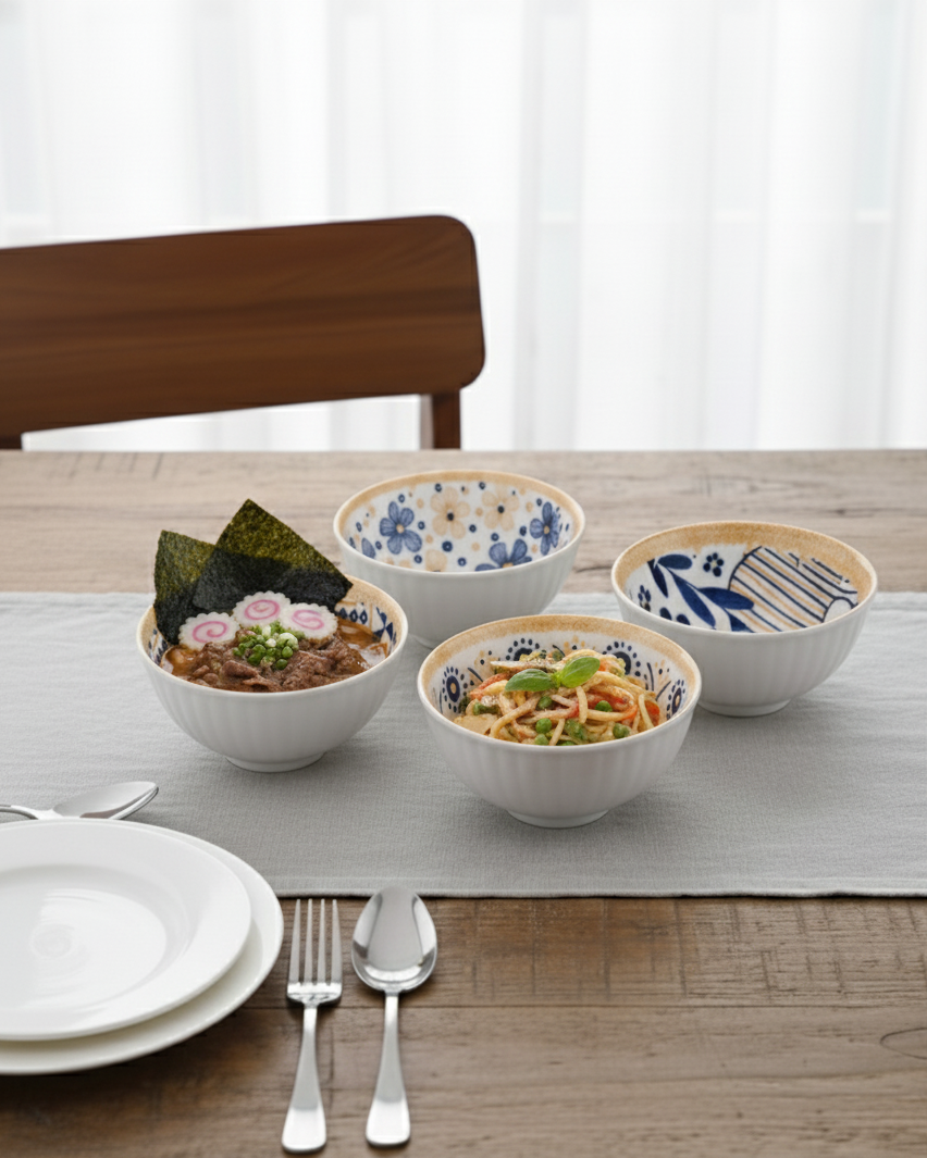 Japanese-Style Floral Ceramic Bowls – Set of 6 - My Store