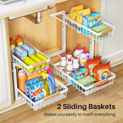 2-Tier Adjustable Under Sink Organizer Rack with Sliding Baskets