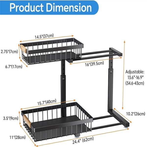 2-Tier Adjustable Under Sink Organizer Rack with Sliding Baskets