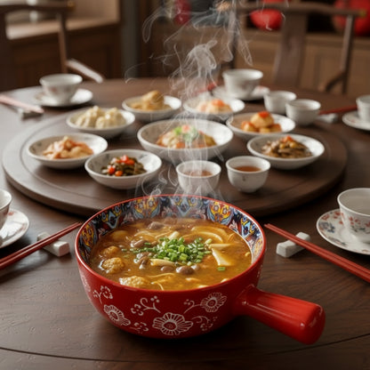 Red Bohemian Ceramic Handled Soup & Noodle Bowl – 6 Inch