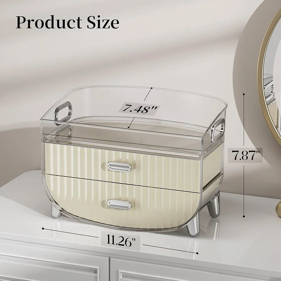 2-Tier Fluted Makeup Organizer with Drawers – Cream & Silver - My Store
