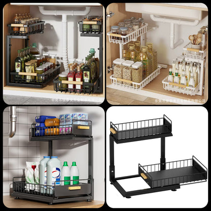 2-Tier Adjustable Under Sink Organizer Rack with Sliding Baskets