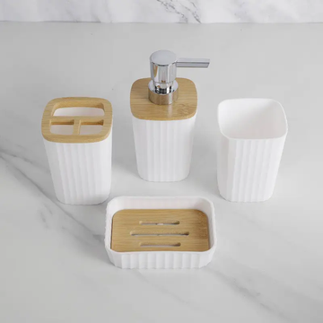 Modern 4-Piece Bathroom Accessory Set – Bamboo & White/Black