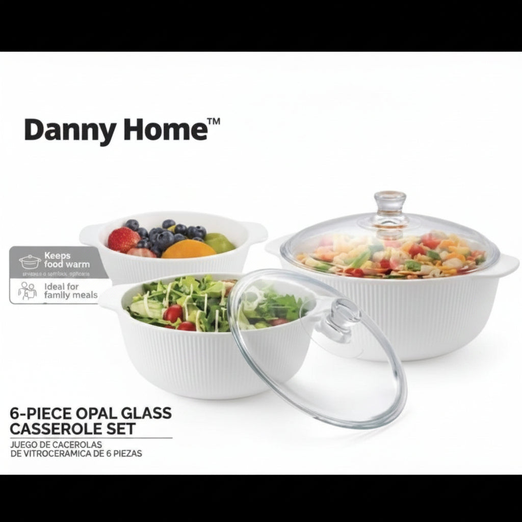 Danny Home Ribbed Opal Glass Casserole Set – 6 Piece