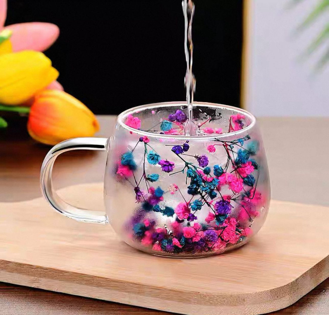 🌸 Double Wall Glass Mug with Dried Flowers (450ml)