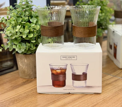 Danny Home Pro Ribbed Glass Cup Set with Wooden Sleeves – 2 Pcs