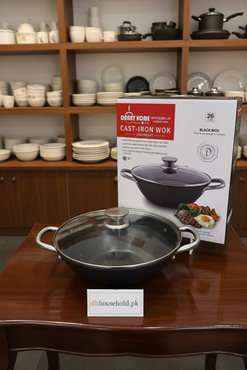 DannyHOME Premium Lightweight Cast-Iron Wok Casserole with Glass Lid