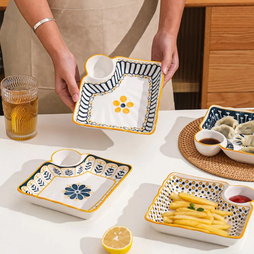 7-Inch Ceramic Dumpling Plate with Built-In Dipping Tray - My Store