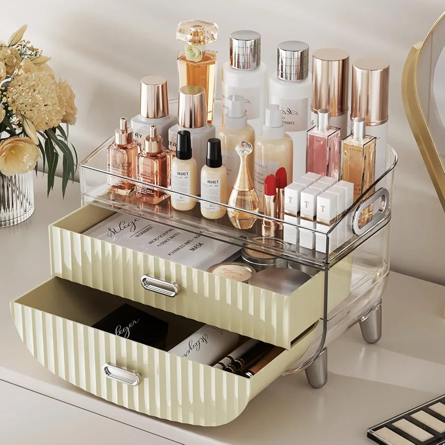 2-Tier Fluted Makeup Organizer with Drawers – Cream & Silver - My Store