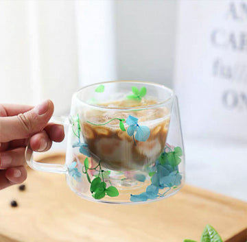 🌸 Double Wall Glass Mug with Dried Flowers (450ml)