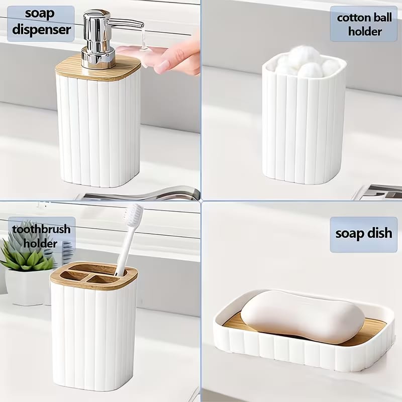Modern 4-Piece Bathroom Accessory Set – Bamboo & White/Black