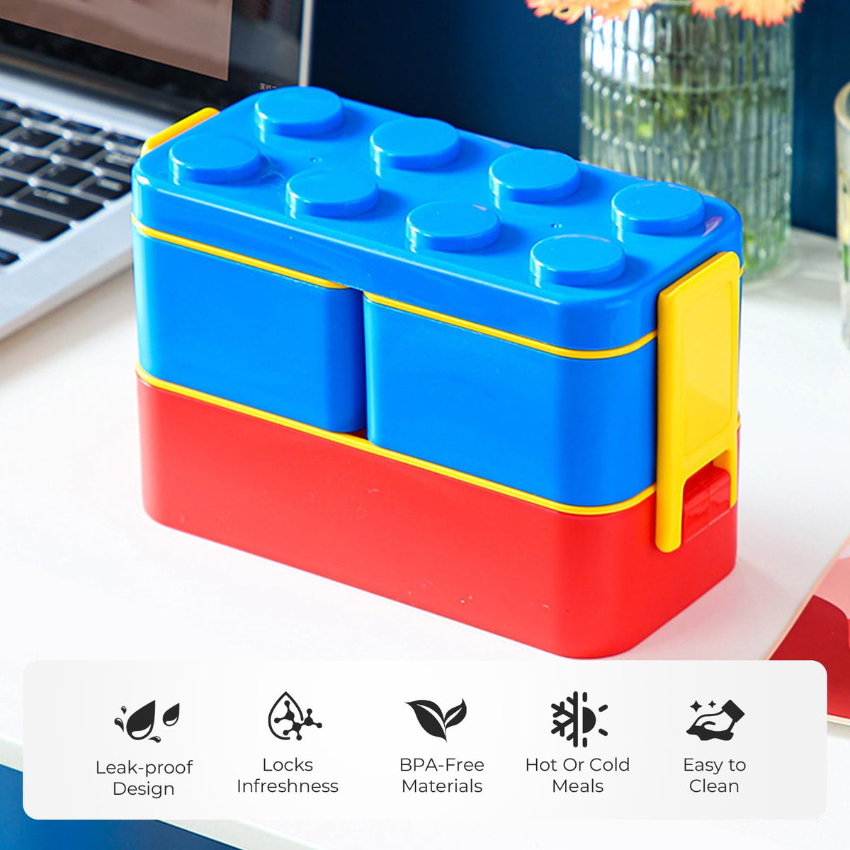 Double-Layer Building Block Kids Lunch Box – 1050ml with Cutlery & Compartments