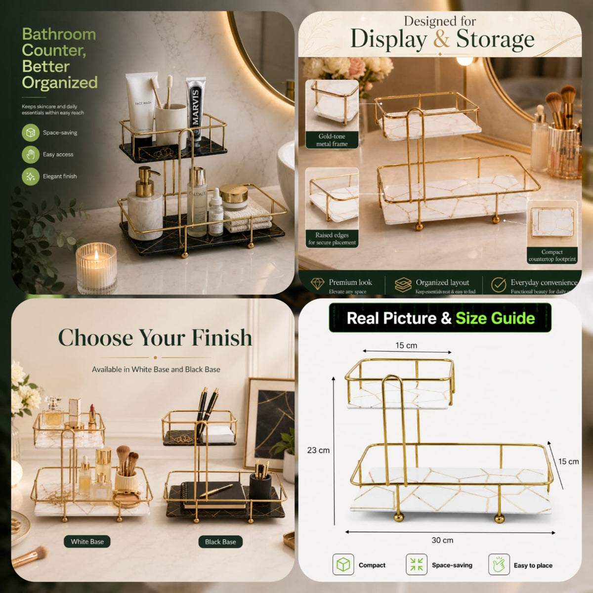 2-Tier Modern Marble Pattern Countertop Organizer Tray – Gold Frame