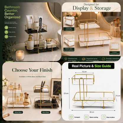 2-Tier Modern Marble Pattern Countertop Organizer Tray – Gold Frame